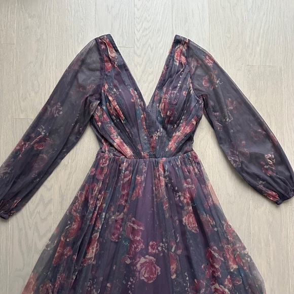 Marchesa Notte Floral Print Sheer Panel Gown SALERNO Sz 0 Purple Bridesmaid Plum - Picture 4 of 10